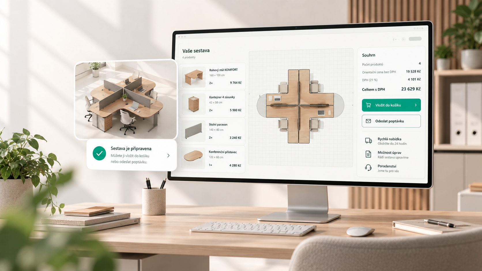 Konfigurátor kancelárie KOMFORT s 2D návrhom, 3D zobrazením a cenou
